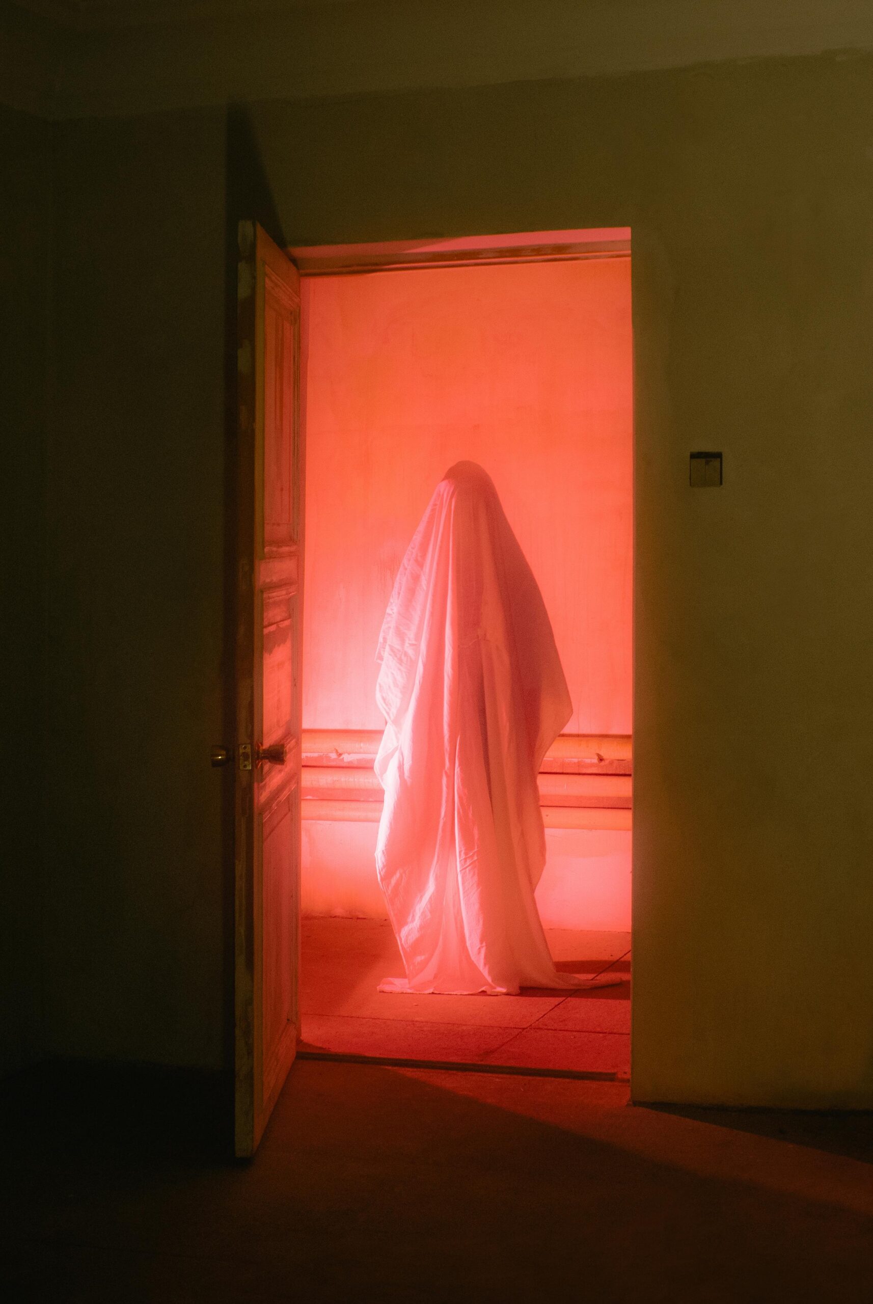 Person Covered with White Blanket Standing near the Wooden Door